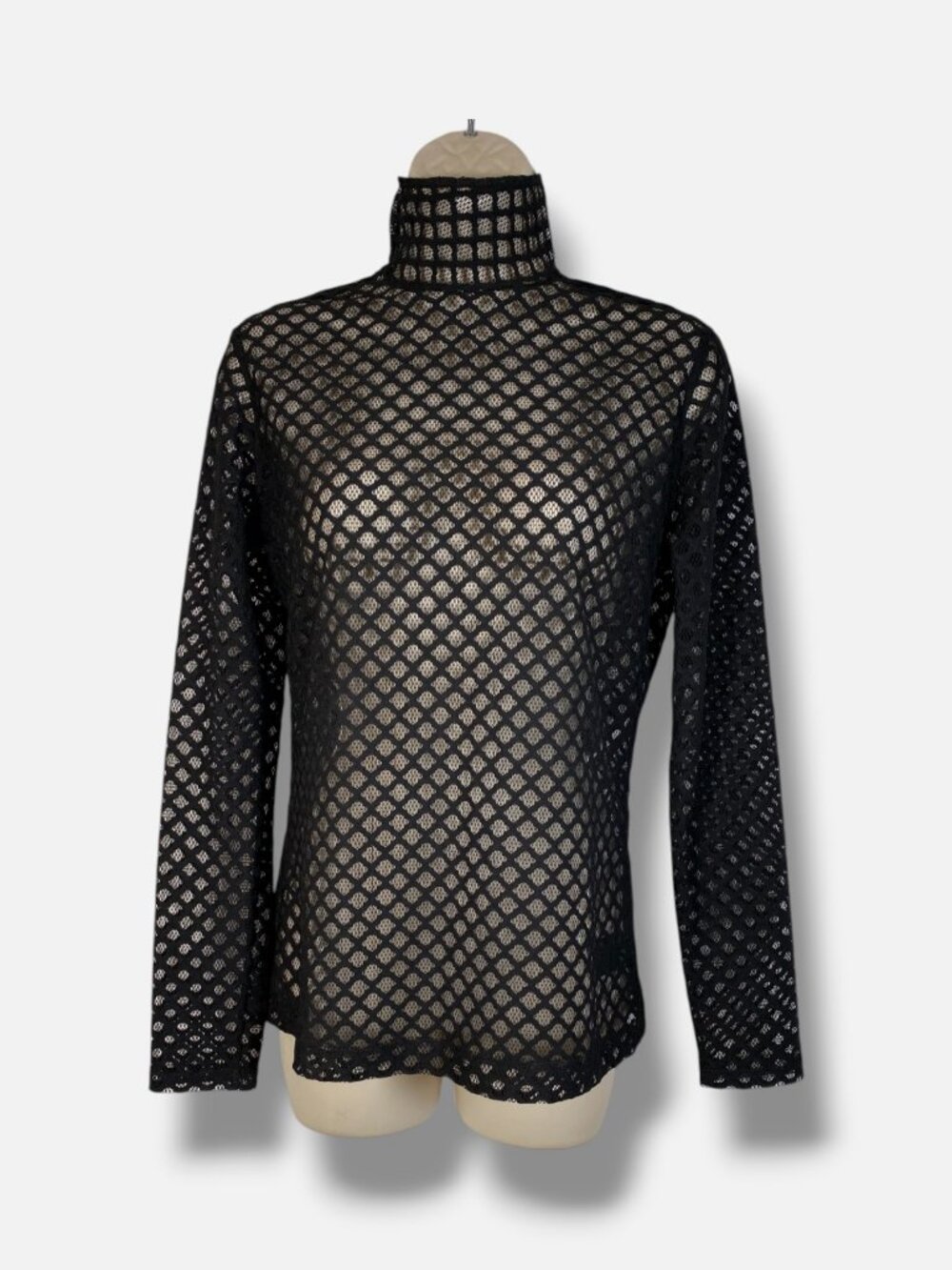 Akris Punto Women's Black Mock Neck Diamond Mesh Jersey Blouse Top Size 6